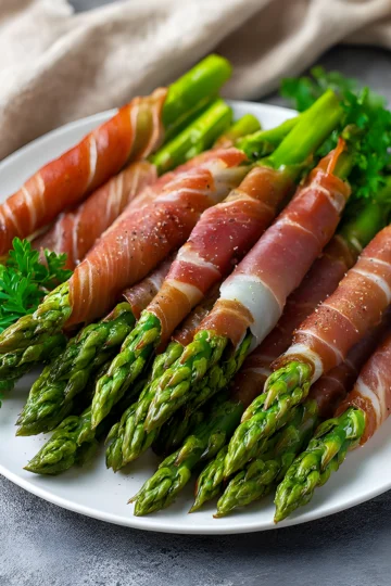 prosciutto wrapped asparagus on plate