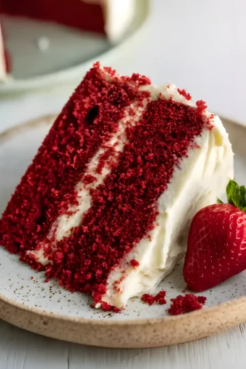 red velvet cake slice with strawberry
