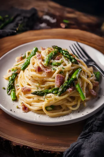 spaghetti carbonara with asparagus and bacon