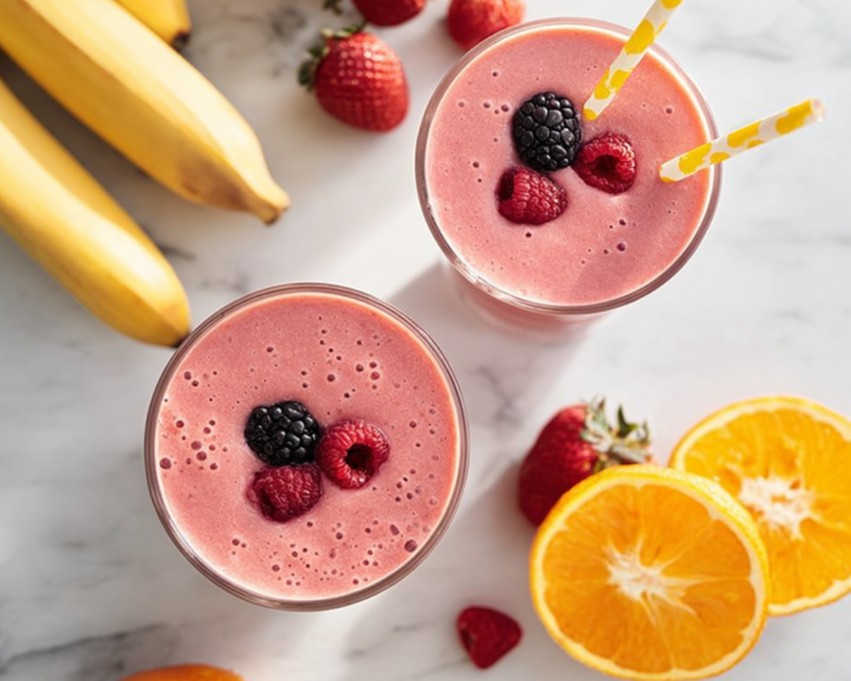 top view orange berry smoothie with fresh fruit and straws