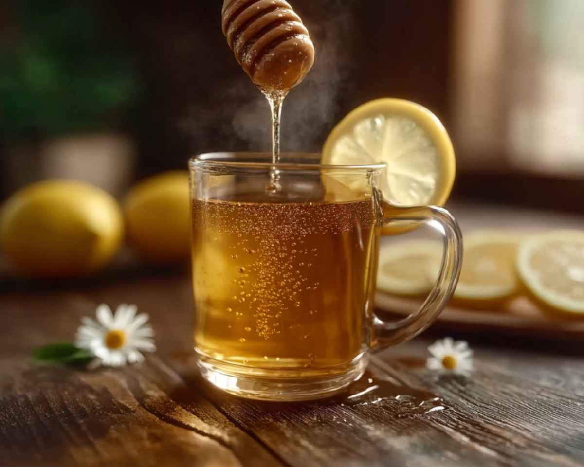 Honey dripping into lemon tea