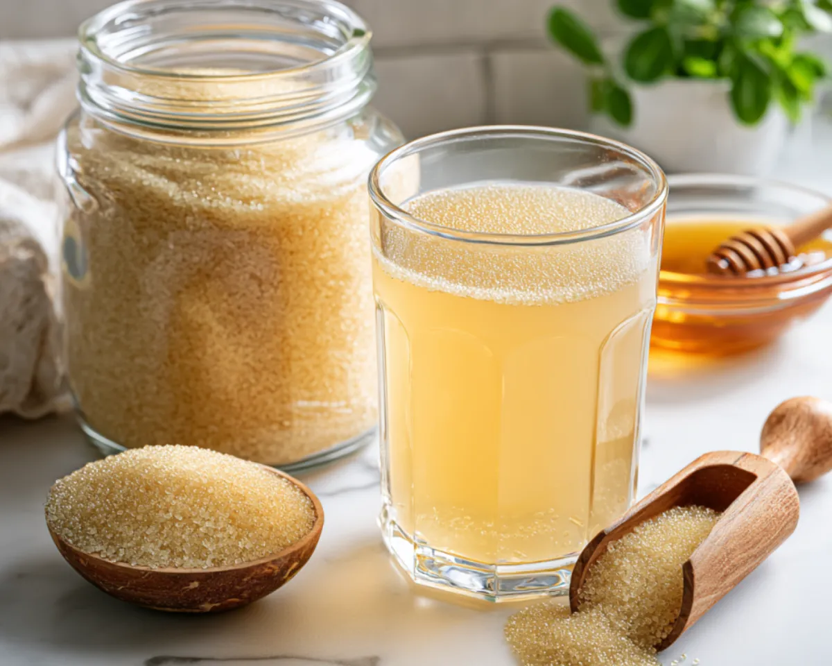 Honey gelatin drink in glass