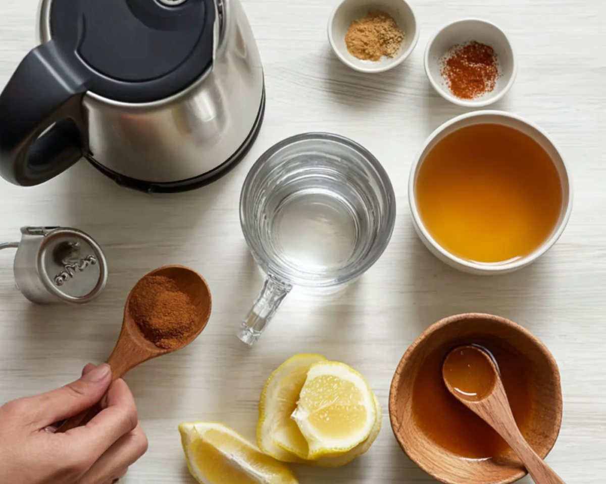 Honey lemon drink ingredients flat lay