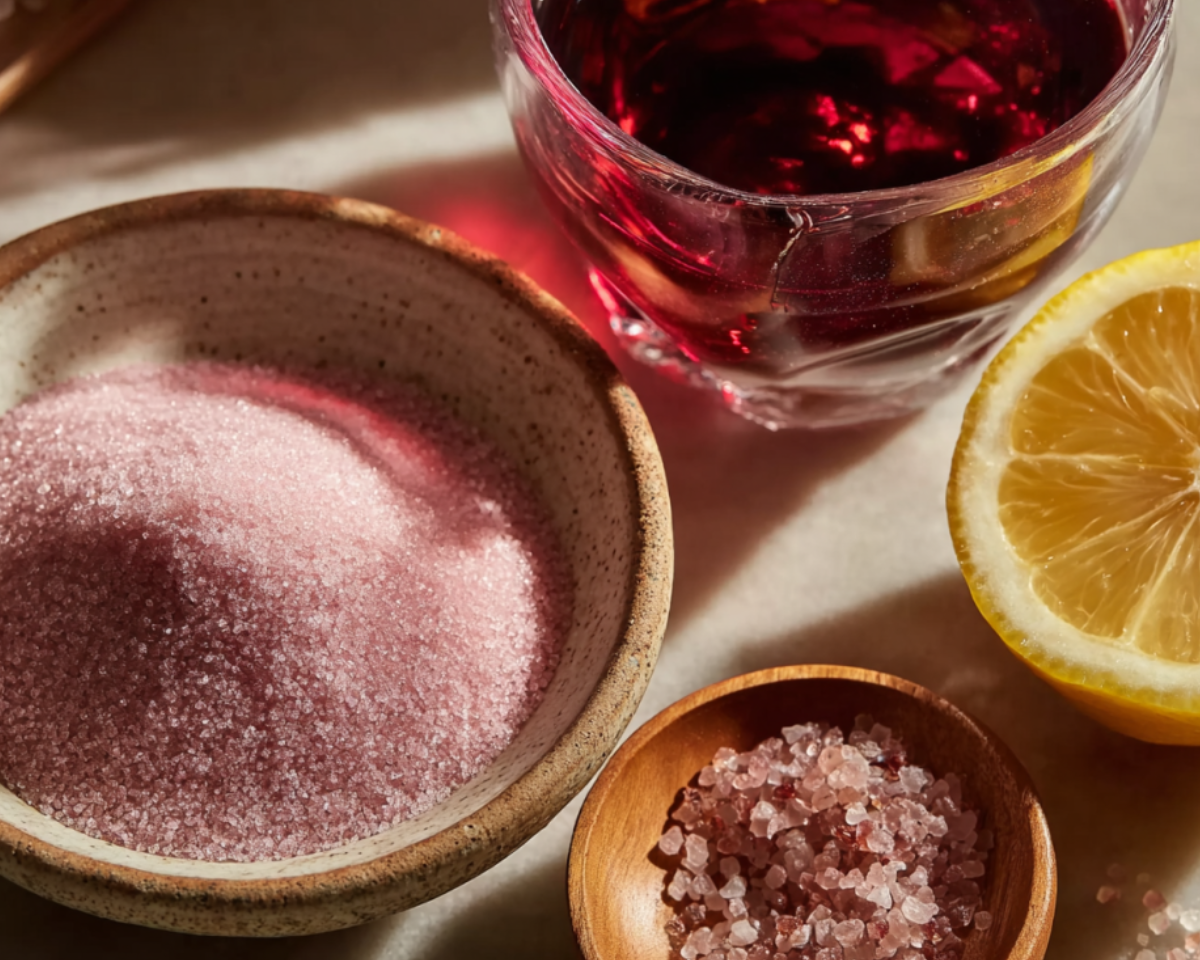 Pink gelatin powder with lemon and salt crystals