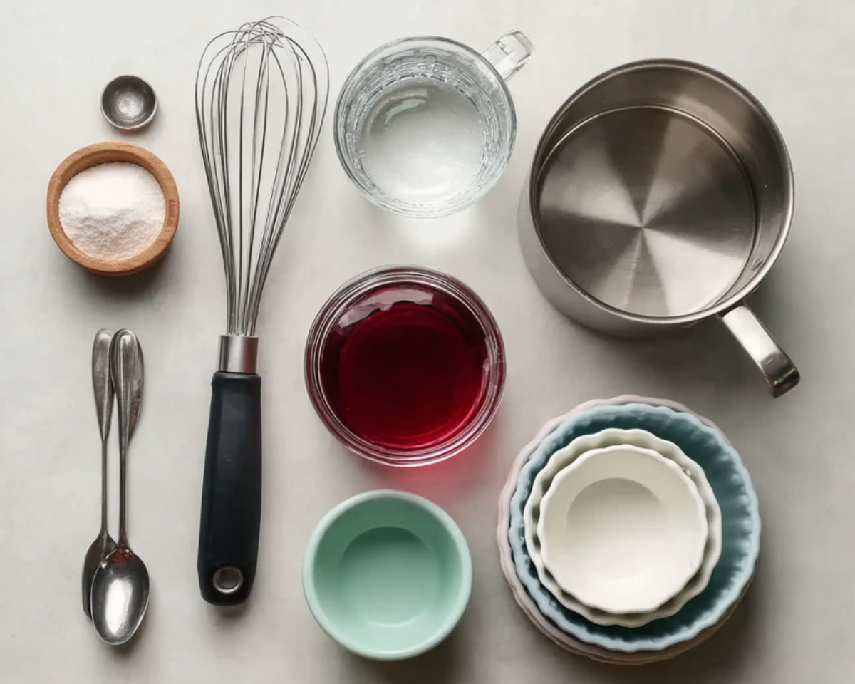 Pink gelatin recipe ingredients flat lay