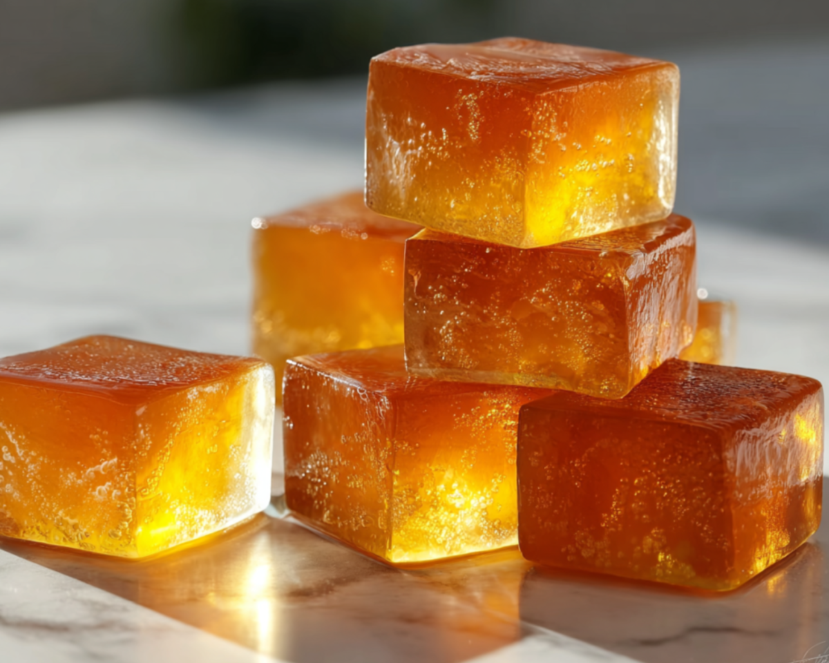 golden jello cubes in sunlight
