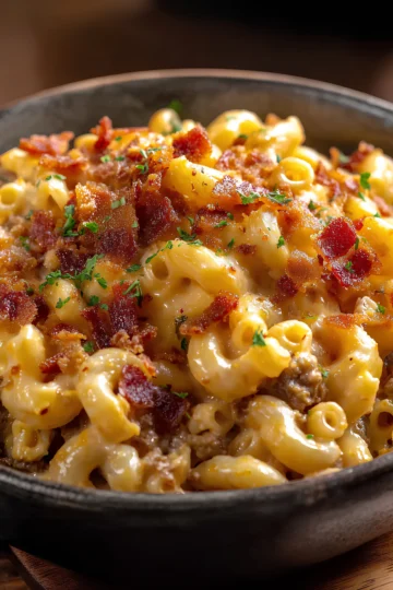 loaded bacon cheeseburger alfredo pasta close up