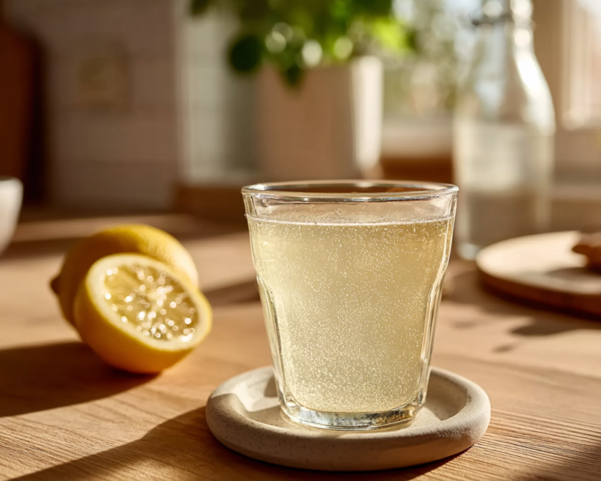 sunlit sparkling lemon water glass