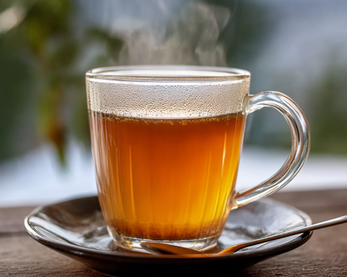 warm herbal drink in glass mug