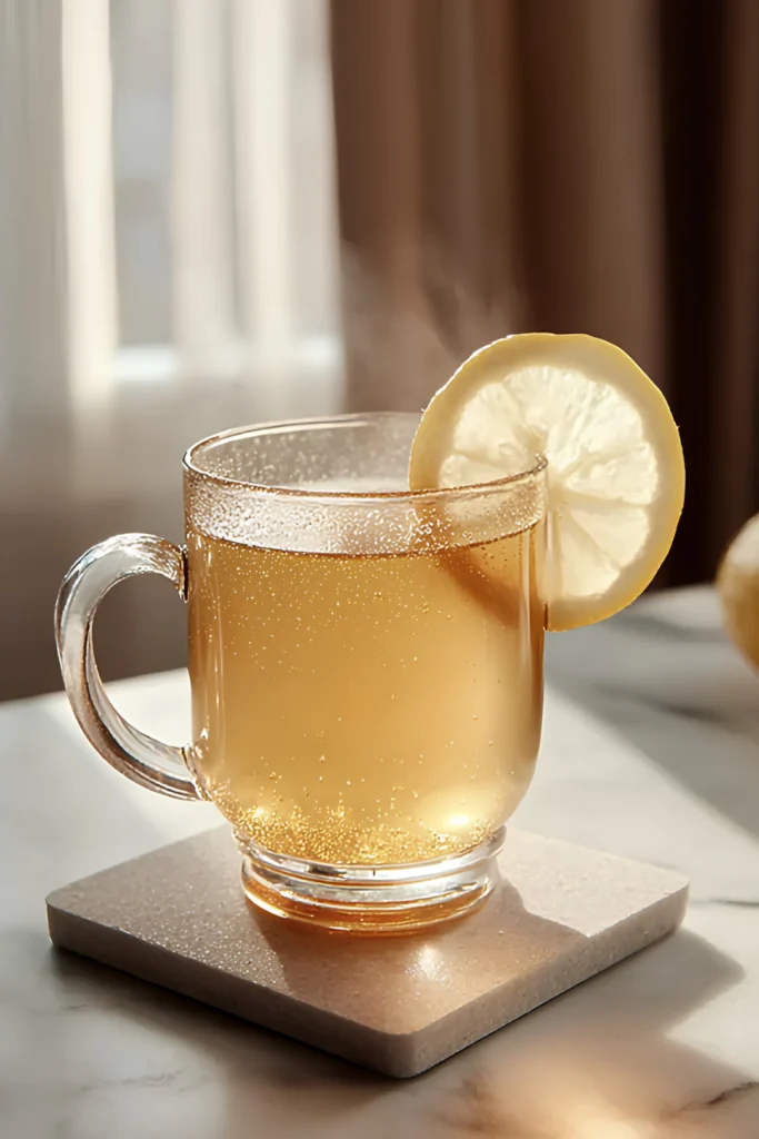warm lemon gelatin drink in glass mug