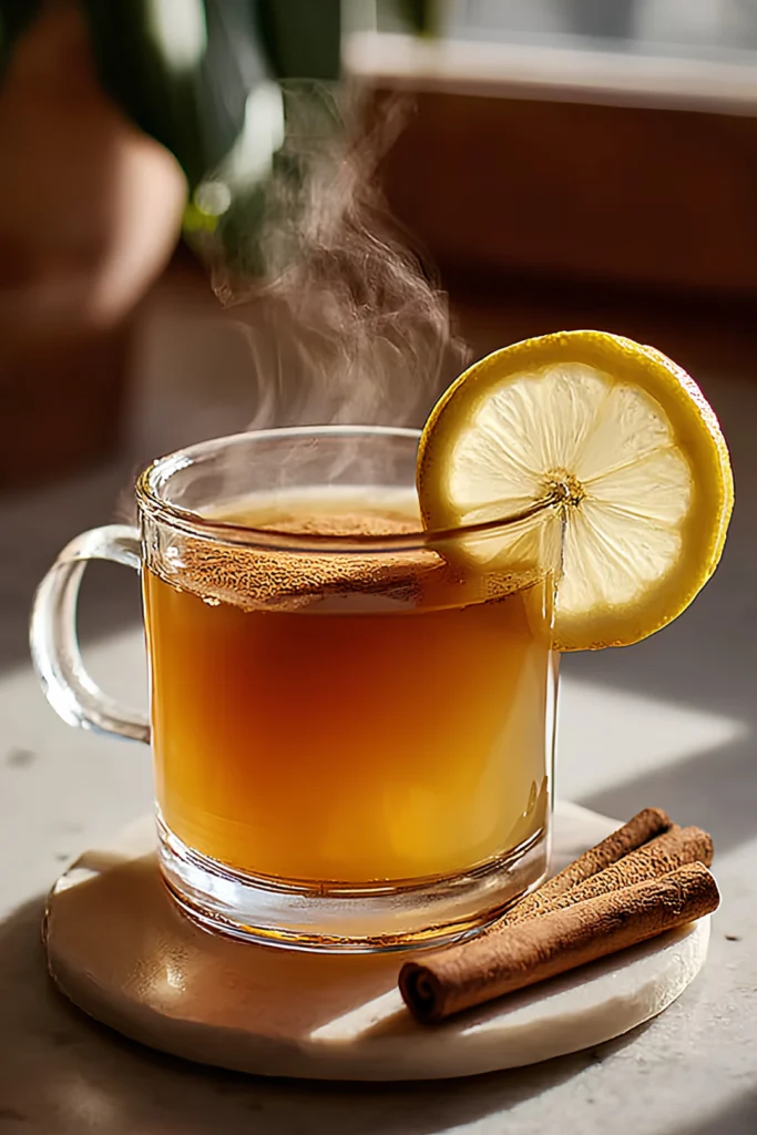warm wellness drink with lemon slice