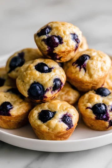 Blueberry protein bites stacked on a plate