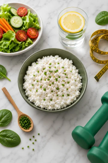 Bol de cottage cheese avec salade et haltères