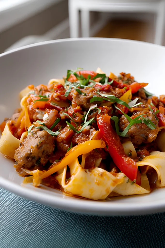 Italian drunken noodles with sausage and peppers