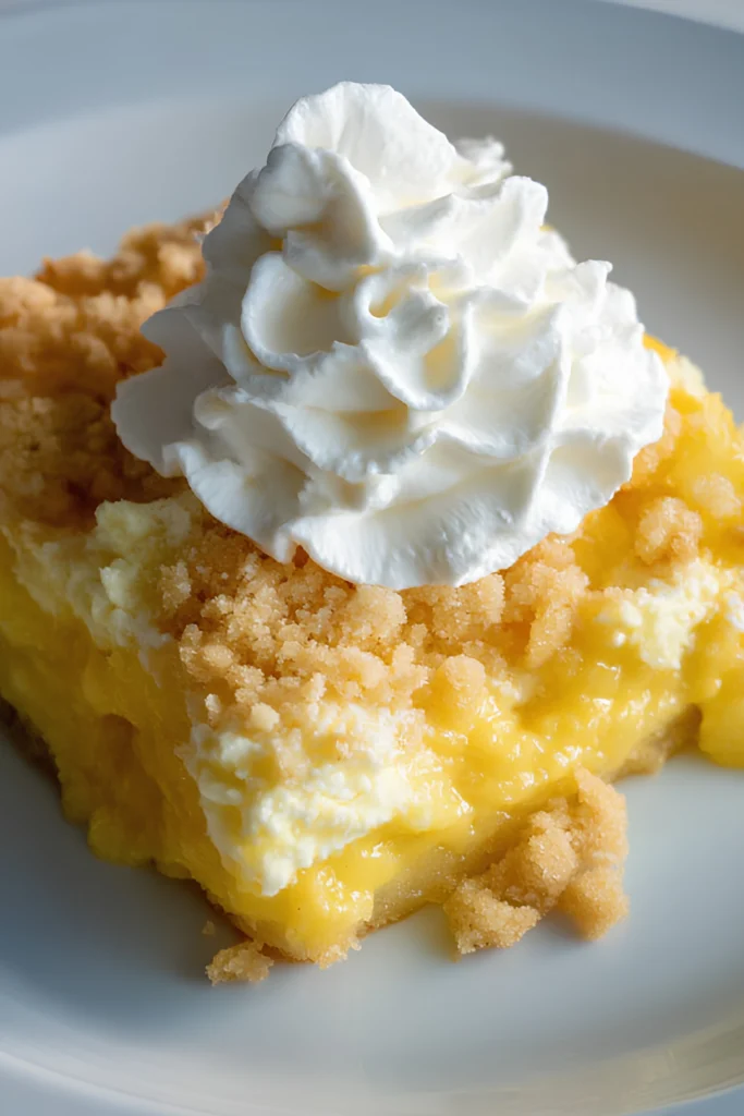 Lemon dump cake with whipped cream