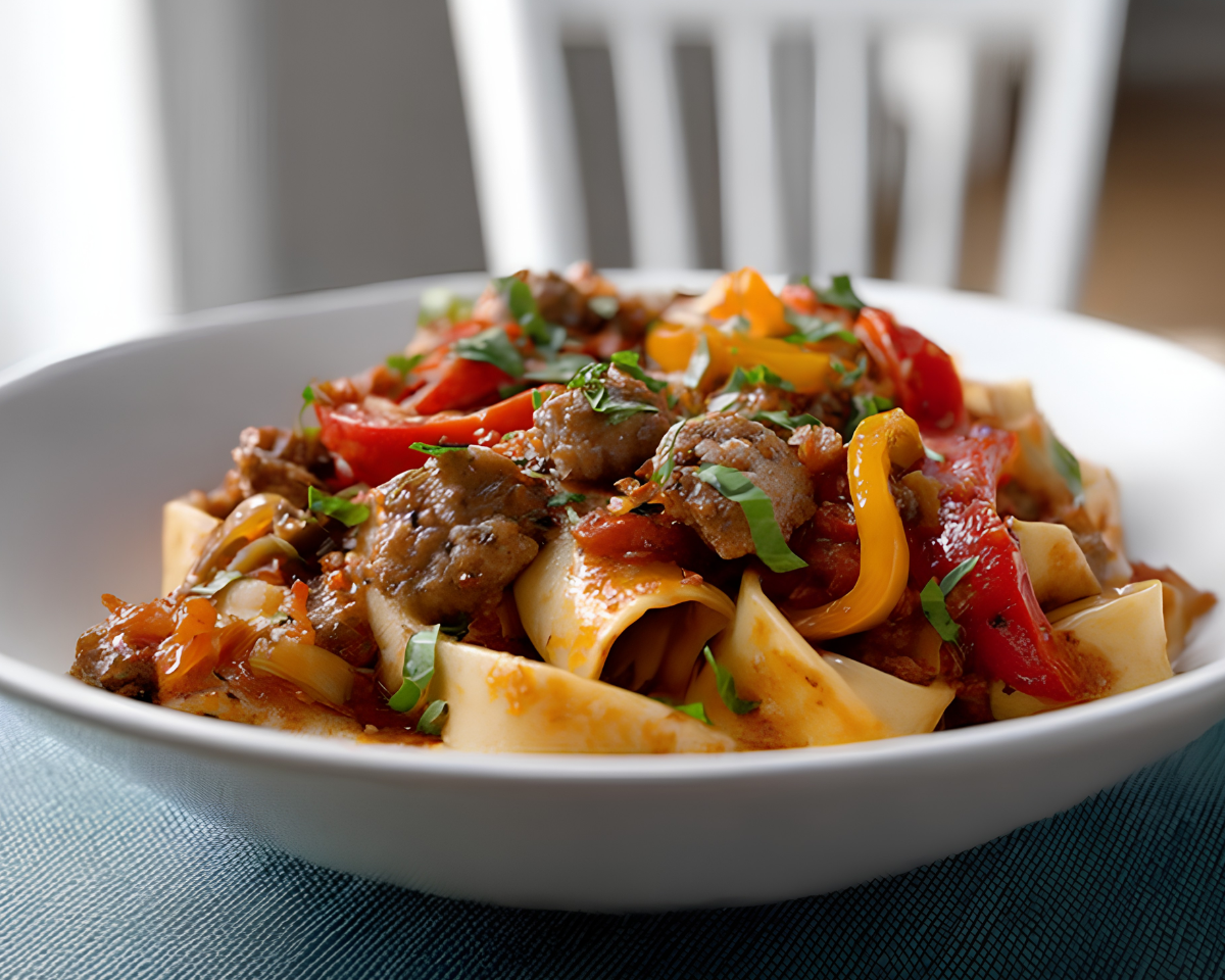 Pappardelle with sausage peppers and basil