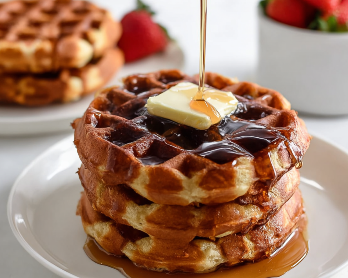 Syrup poured over waffles
