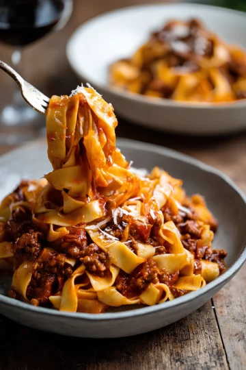 Fork lifting beef ragu pasta